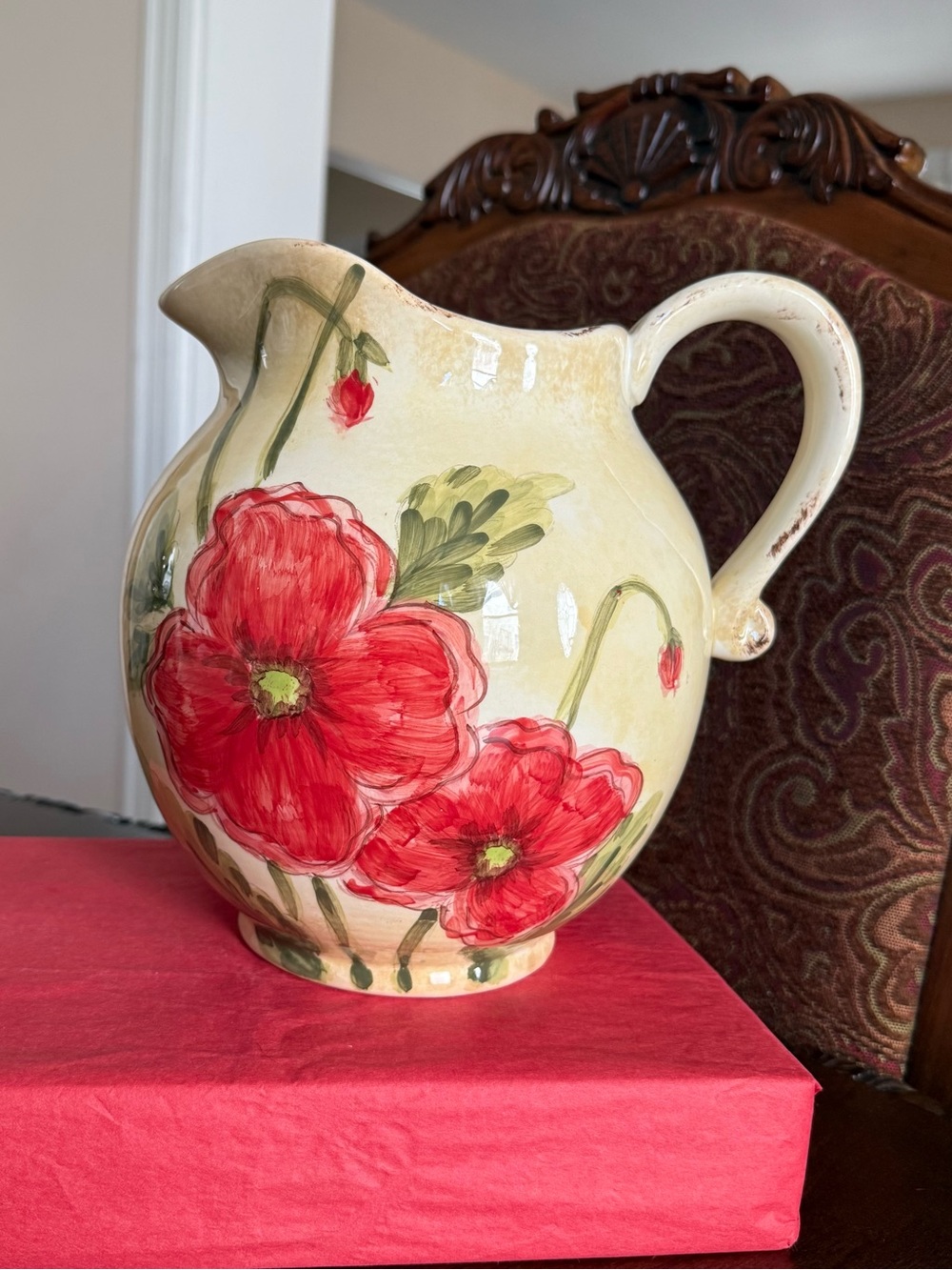 Maxcera Corp Hand Painted Red Poppies Ceramic 96 Oz Pitcher 8” H